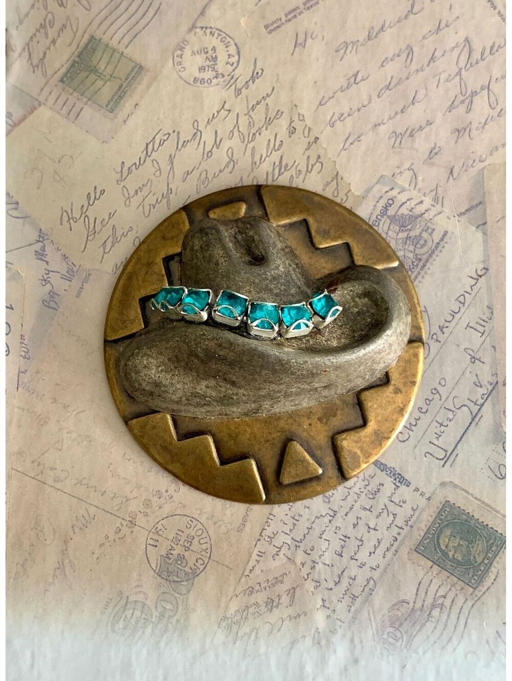 Handmade Magnet Brooch Swarovski Crystals Southwest Style Cowboy Hat Turquoise